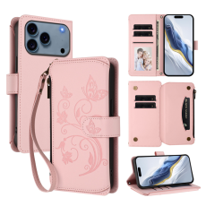 A-One Brand - iPhone 17 Pro Plånboksfodral Butterfly Floral Imprint - Rosa