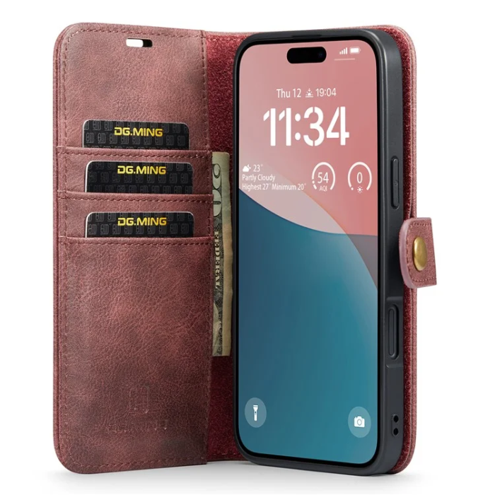 DG.MING - DG.MING iPhone 16 Plånboksfodral Split Läder - Röd