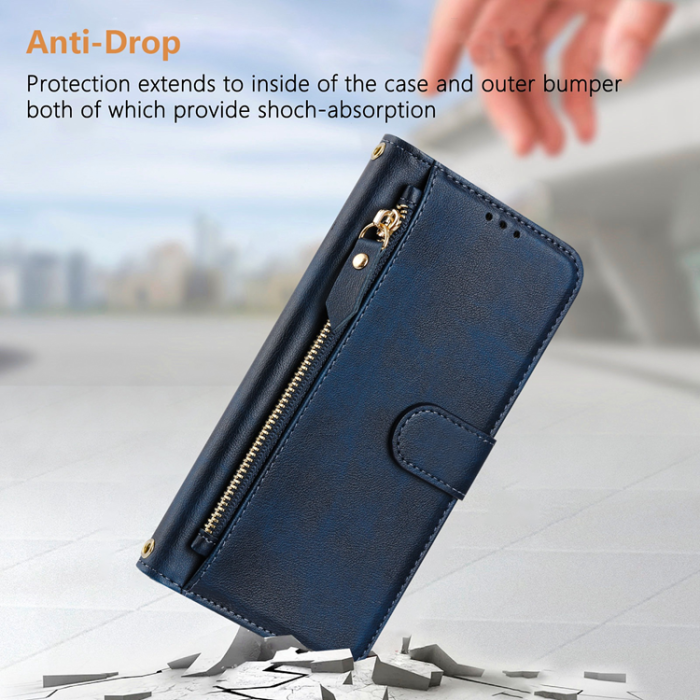 A-One Brand - iPhone 17 Pro Plånboksfodral Zipper Pocket Läder - Blå