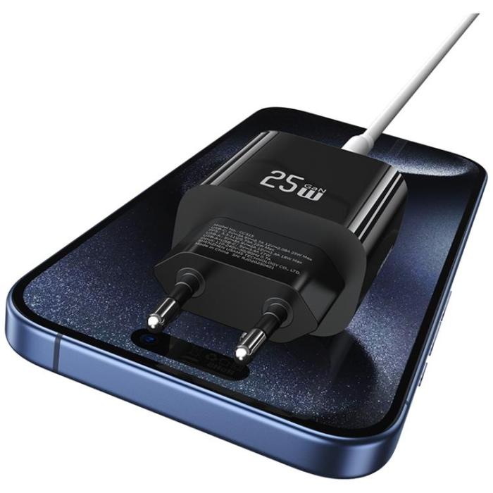 USAMS - USAMS Snabbladdare 25W 1xUSB-C 1xUSB-A CC315 - Svart