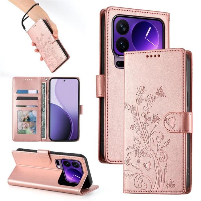 A-One Brand - Xiaomi 17 Pro Plånboksfodral Floral Imprint Med Handledsrem - Roséguld