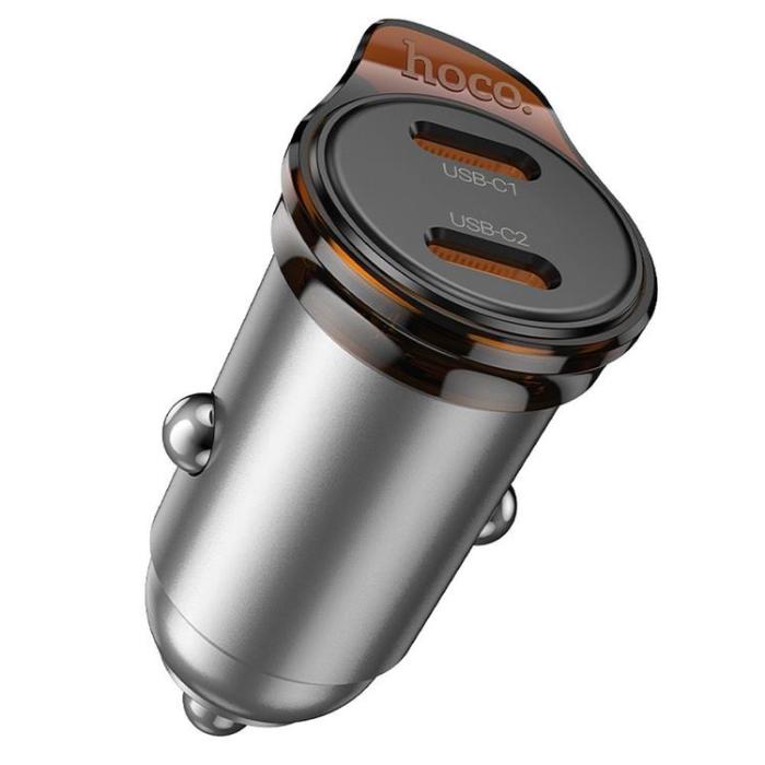 Hoco - HOCO Billaddare 2x USB-C 45W PD QC 3.0 NZ16B - Metal Grå