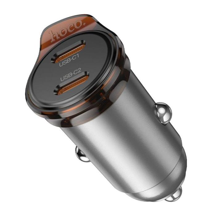 Hoco - HOCO Billaddare 2x USB-C 45W PD QC 3.0 NZ16B - Metal Grå