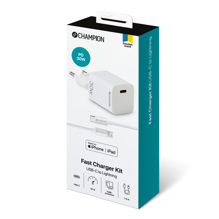 Champion - Champion Snabbladdare Kit USB-C/Lightning 30W PD - Vit