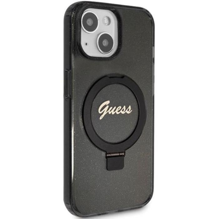 Guess - Guess iPhone 15 Mobilskal Magsafe Ringställ Script Glitter - Svart