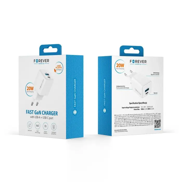 Forever - Forever Snabbladdare USB-A - USB-C 20W GaN PD QC - Vit