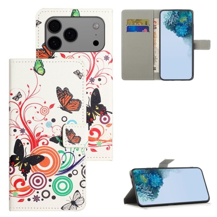 A-One Brand - iPhone 17 Pro Plånboksfodral Pattern Print Läder - Vit Fjäril