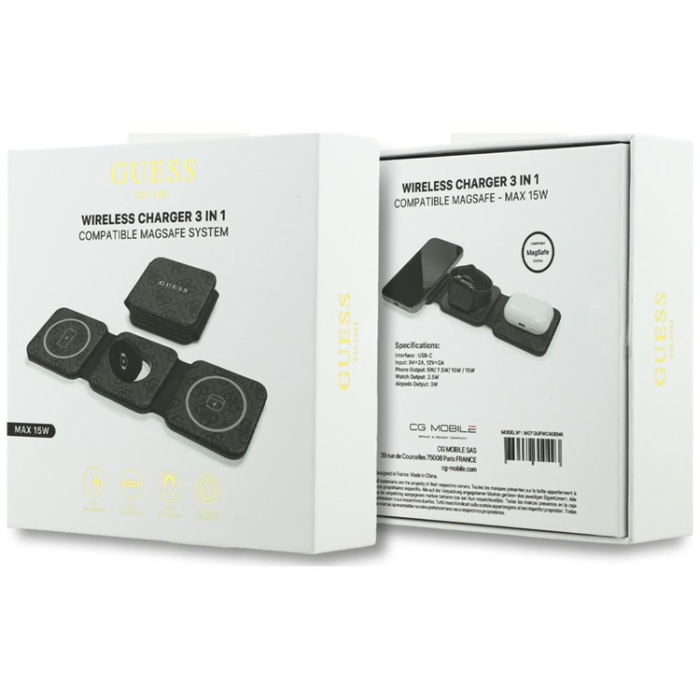 Guess - Guess 3in1 MagSafe Trådlös Laddare 15W iPhone Apple Watch Airpods 4G - Svart
