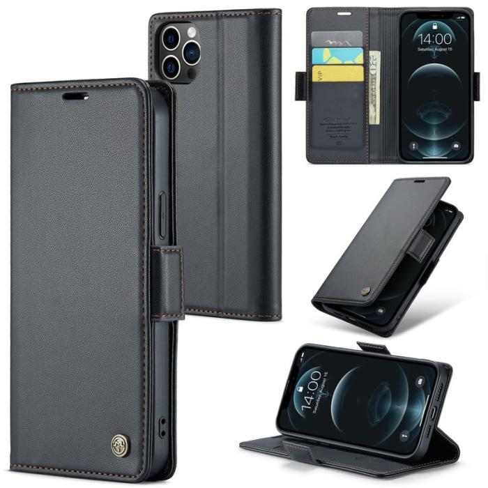 Caseme - CASEME iPhone 12 Pro Max Plånboksfodral Konstläder RFID-Skydd Svart