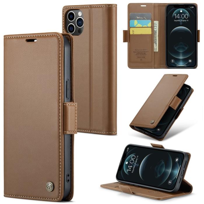 Caseme - CASEME iPhone 12 Pro Max Plånboksfodral Konstläder RFID-Skydd Brun