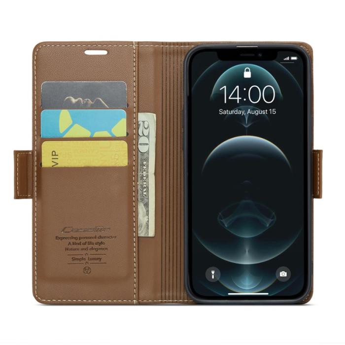 Caseme - CASEME iPhone 12 Pro Max Plånboksfodral Konstläder RFID-Skydd Brun