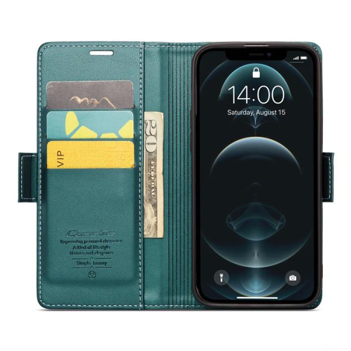 Caseme - CASEME iPhone 12 Pro Max Plånboksfodral Konstläder RFID-Skydd Grön