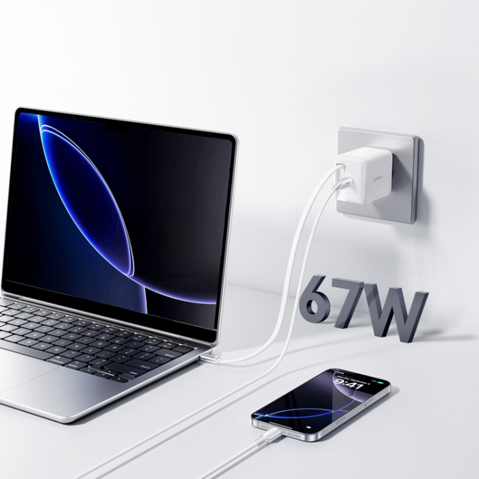 Joyroom - Joyroom Snabbladdare USB-C 67W med Retractable USB-C Kabel Vit