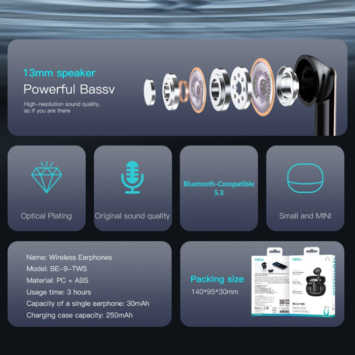 TOTU - TOTU TWS Trådlösa Bluetooth Hörlurar In-ear BE-9-TWS - Svart