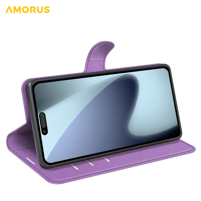 Amorus - AMORUS iPhone 17 Plånboksfodral Flipstativ Litchi - Lila