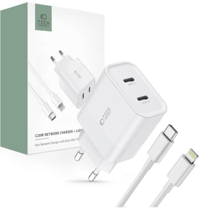 Tech-Protect - Tech-Protect Väggladdare 2-Port Type-C - Vit