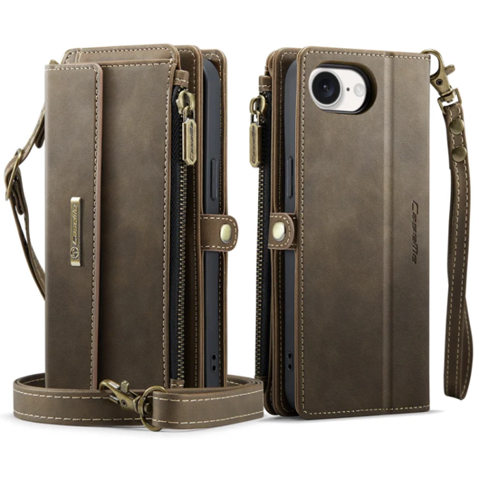 Caseme - Caseme iPhone 16e Plånboksfodral RFID Blocking Zipper - Brun