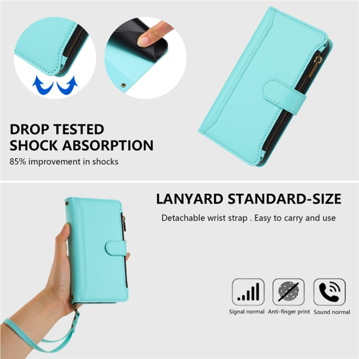 A-One Brand - iPhone 17 Pro Plånboksfodral Zipper Med Rem - Mintgrön