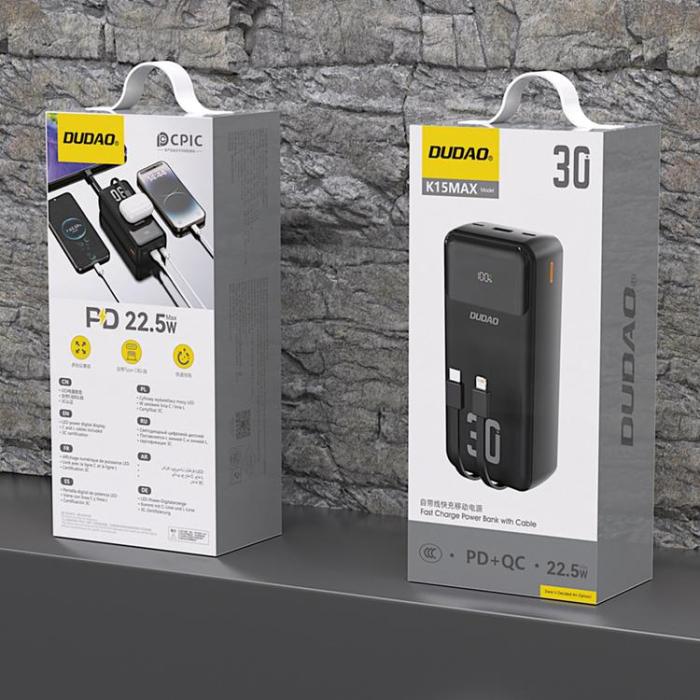 Dudao - Dudao Powerbank 30000mAh 22.5W PD med Kabel - Svart