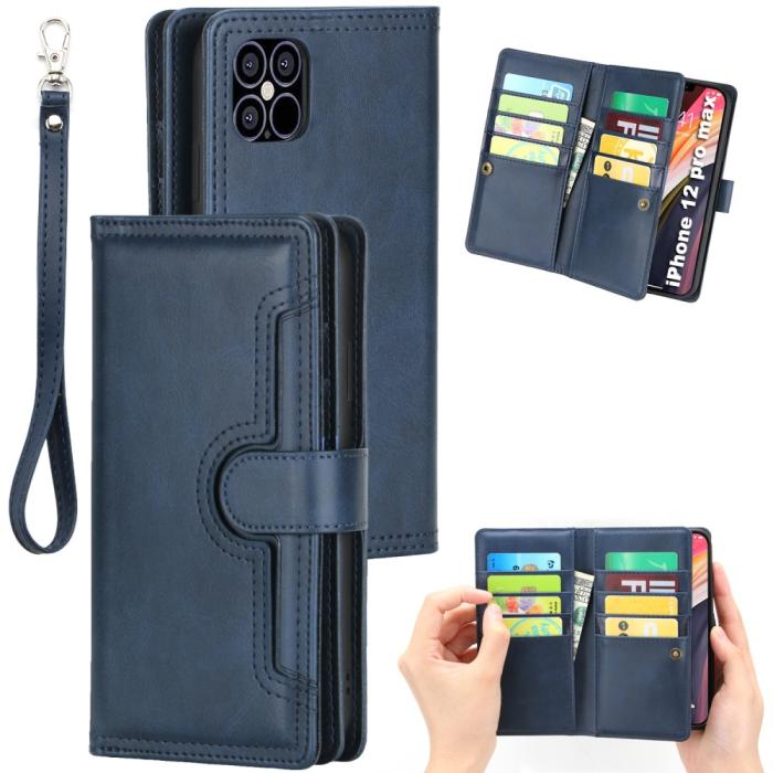 OEM - Multiple Card Slots Äkta Läder Plånboksfodral iPhone 12 Pro Max - Blå