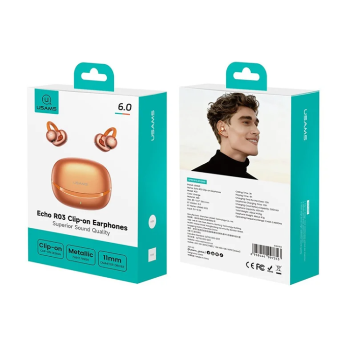 USAMS - USAMS Clip-On Trådlös Hörlurar Echo R03 Bluetooth 5.0 med 11 mm - Orange