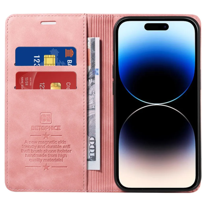 BETOPNICE - BETOPNICE iPhone 15 Pro Plånboksfodral 003 - Rosa