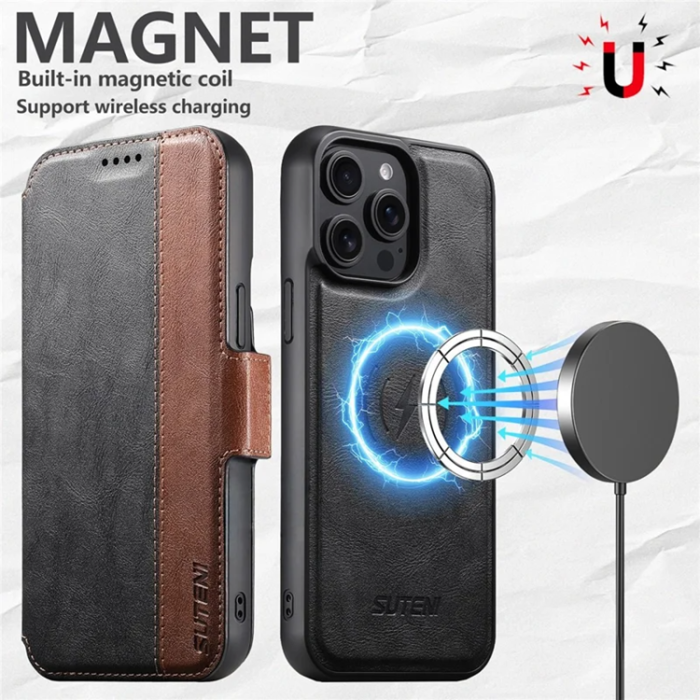 SUTENI - SUTENI iPhone 16 Pro Max Plånboksfodral Magsafe Cowhide - Svart