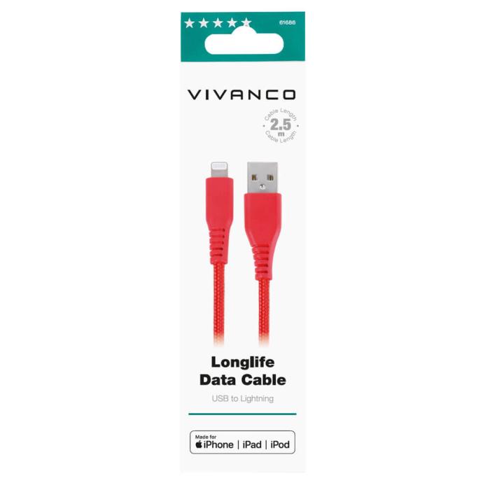 UTGATT1 - Vivanco Longlife Lightning kabel MFI 2.5m - Röd