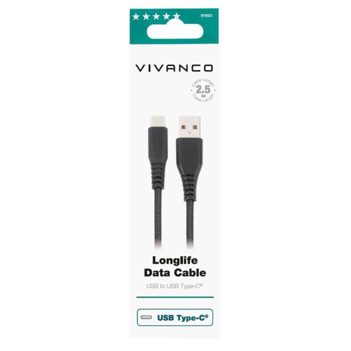 Vivanco - Vivanco Longlife USB-C/USB-A 2.0 kabel 2.5m Svart