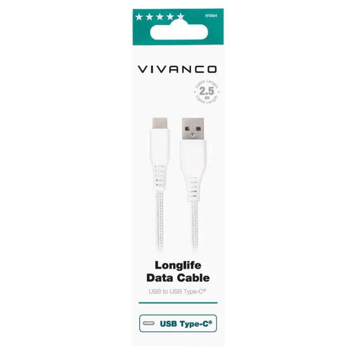 Vivanco - Vivanco Longlife USB-C/USB-A 2.0 kabel 2.5m Vit