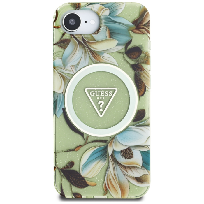 Guess - Guess iPhone 16e Mobilskal Magsafe Glitter Flower - Grön