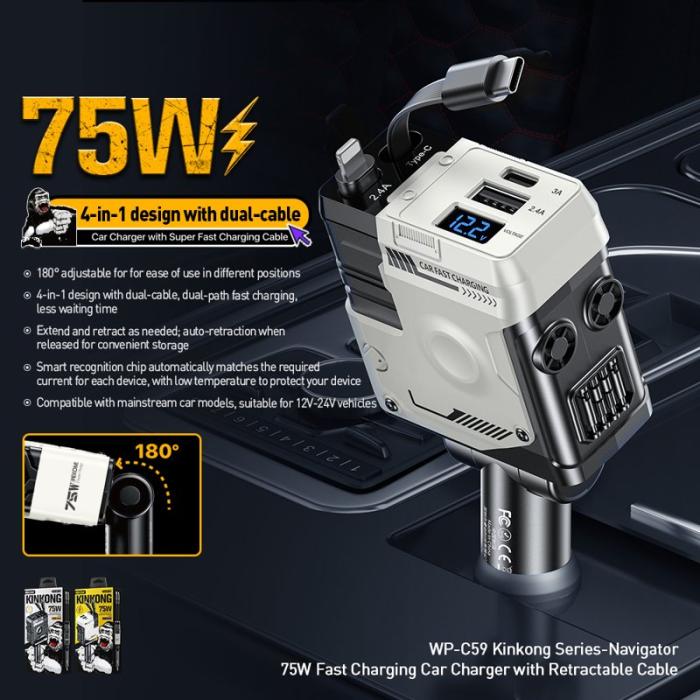 OEM - WEKOME WP-C59 Biladapter 75W Snabbladdning Multi-Port med utdragbar kabel - Vit