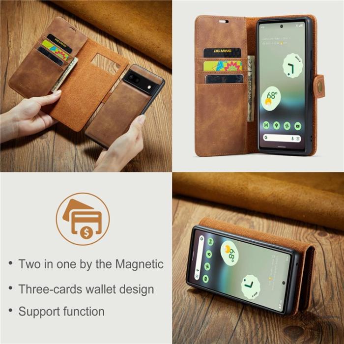 DG.MING - DG.MING Google Pixel 6a Plånboksfodral Detachable 2in1 Äkta Läder - Brun