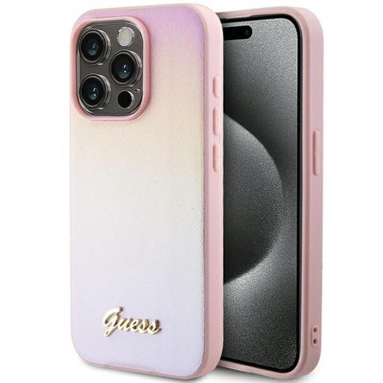 Guess iPhone 15 Pro Mobilskal Saffiano Iridescent Script - Rosa | 2353 | AlltMobil