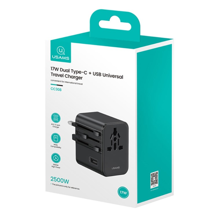 USAMS - USAMS Väggladdare 2x USB-C - USB-A 17W CC308 T68 - Svart