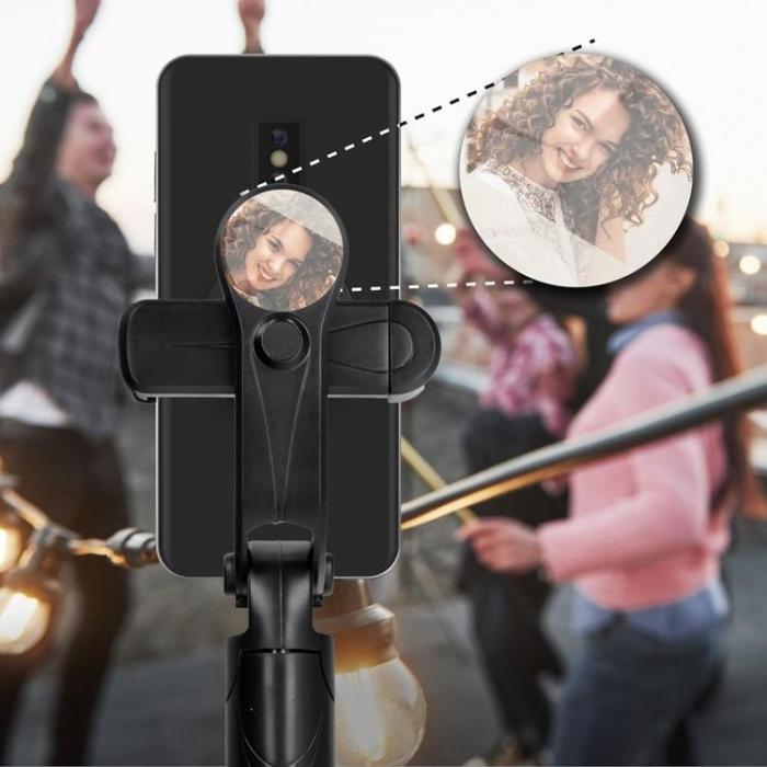 OEM - Combo Selfiestick med Tripod och fjärrkontroll Bluetooth med Spegel - Svart