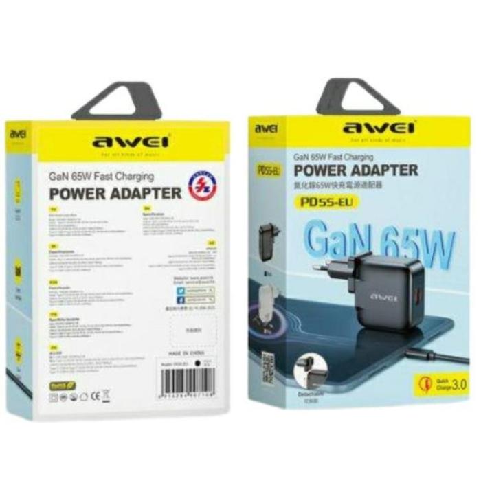 Awei - Awei Snabbladdare 65W 1xUSB-C 1xUSB-A PD55-EU GaN - Svart