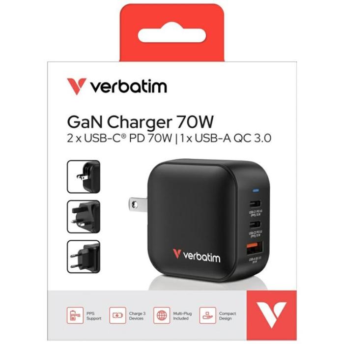Verbatim - Verbatim Snabbladdare 70W PD 2xUSB-C QC 1xUSB-A GaN Mini - Svart