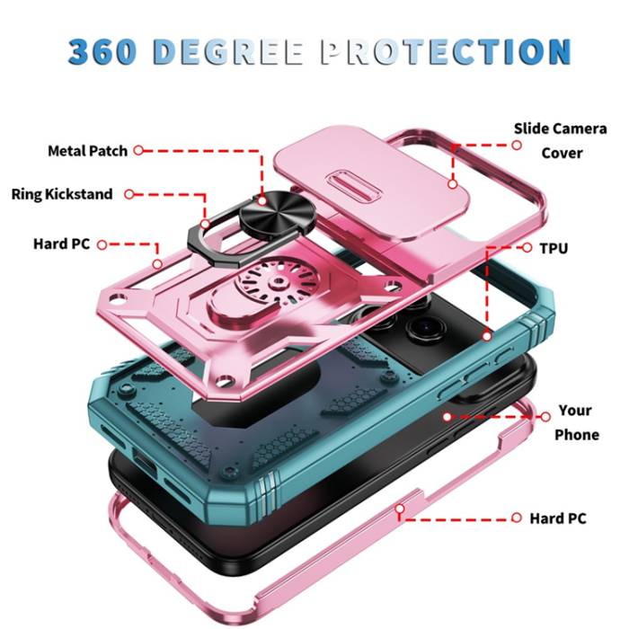 A-One Brand - iPhone 17 Pro Mobilskal Slide Camshield Kickstand - Rosa/Grön