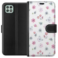 Gustaf - Pl&aring;nboksfodral till Samsung Galaxy A22 5G med Blommor och fj&auml;rillar