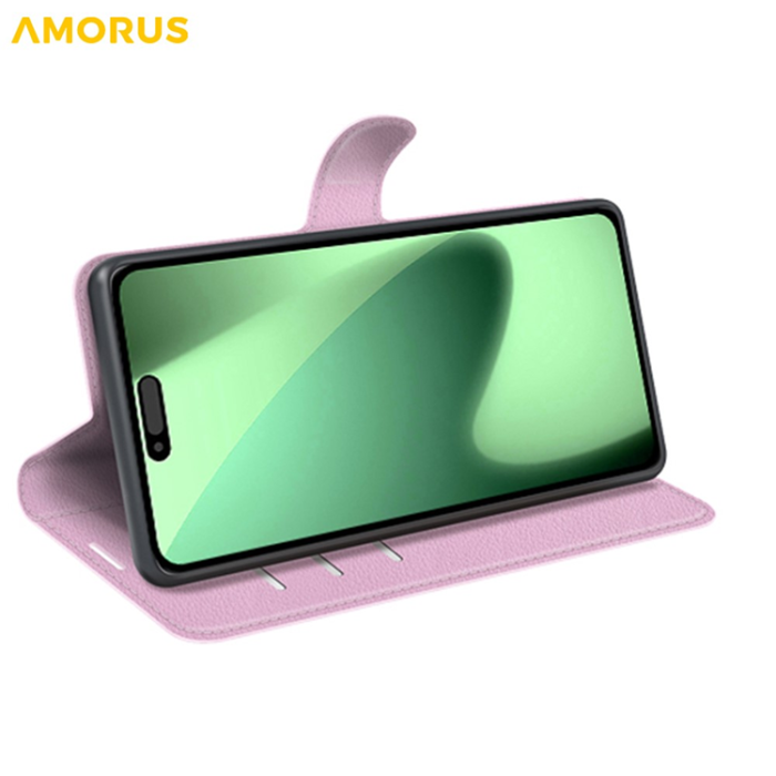 Amorus - AMORUS iPhone 17 Pro Plånboksfodral Flipstativ Litchi - Rosa