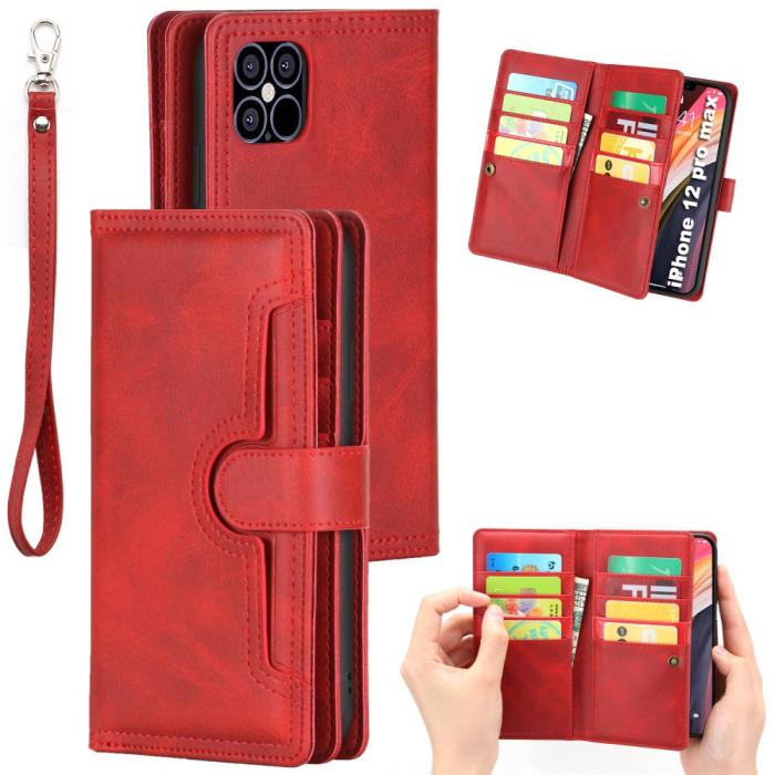 OEM - Multiple Card Slots Äkta Läder Plånboksfodral iPhone 12 Pro Max - Röd