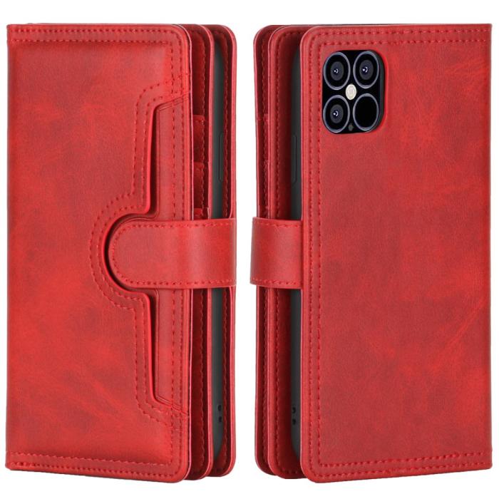 OEM - Multiple Card Slots Äkta Läder Plånboksfodral iPhone 12 Pro Max - Röd