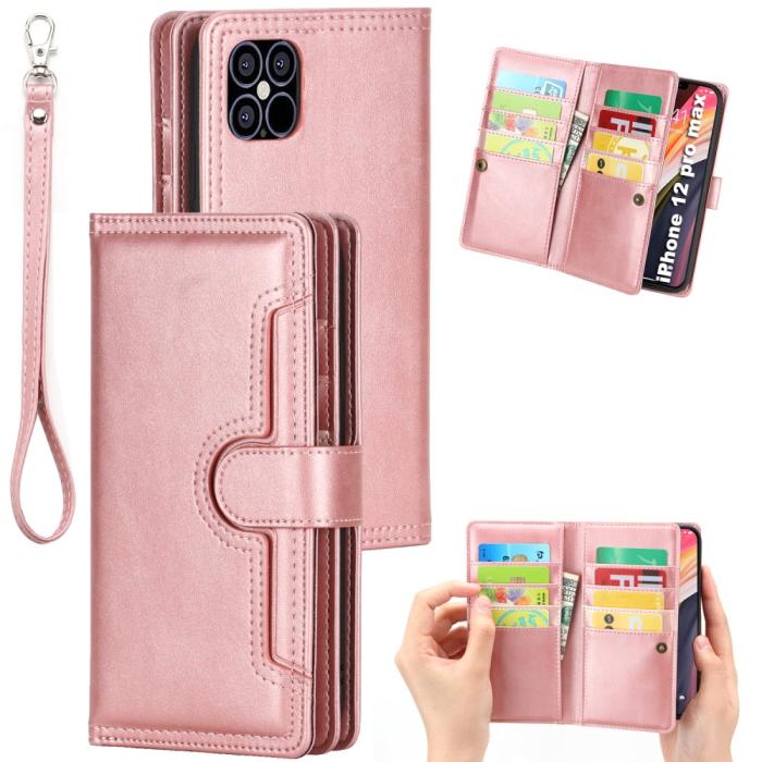 OEM - Multiple Card Slots Äkta Läder Plånboksfodral iPhone 12 Pro Max - Rose Gold