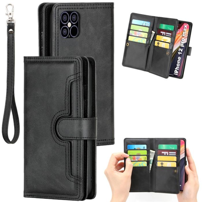 OEM - Multiple Card Slots Äkta Läder Plånboksfodral iPhone 12 Pro Max - Svart