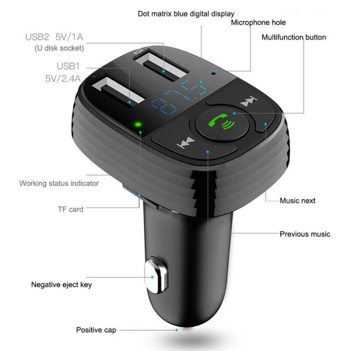 OEM - LOHEE S-11 FM-sändare med dubbla USB-portar, Bluetooth, svart