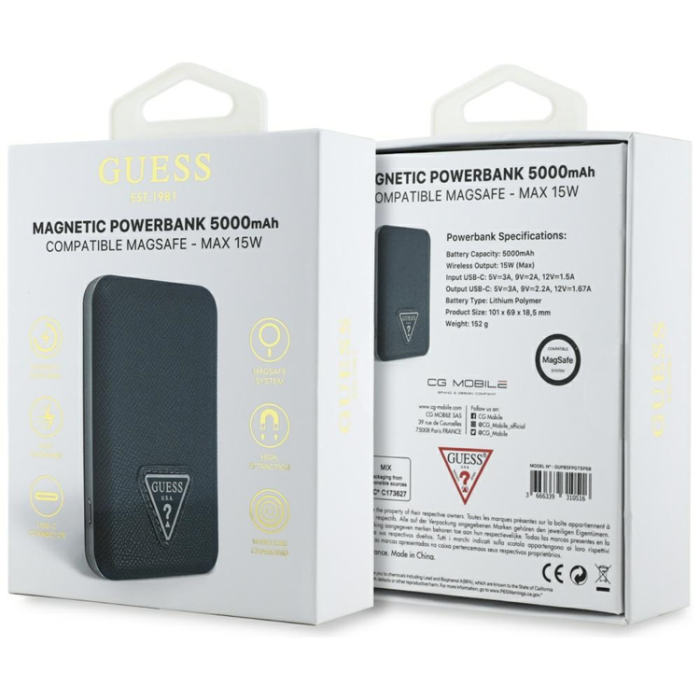 Guess - Guess MagSafe Trådlös Power Bank 5000mAh 15W USB-C Grained Triangle Inductive