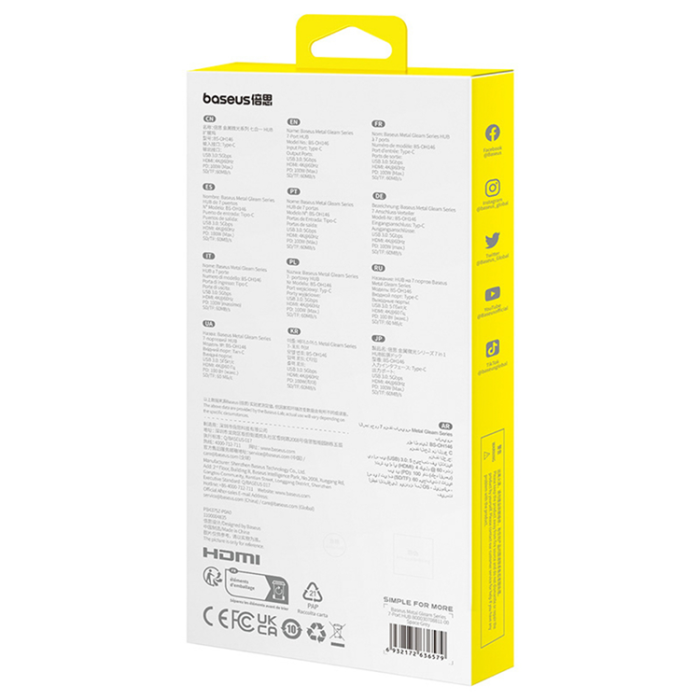 BASEUS - Baseus 7in1 HDMI-Hubb USB-C PD 4K 60Hz USB-C 3xUSB 3.0 SD microSD - Grå
