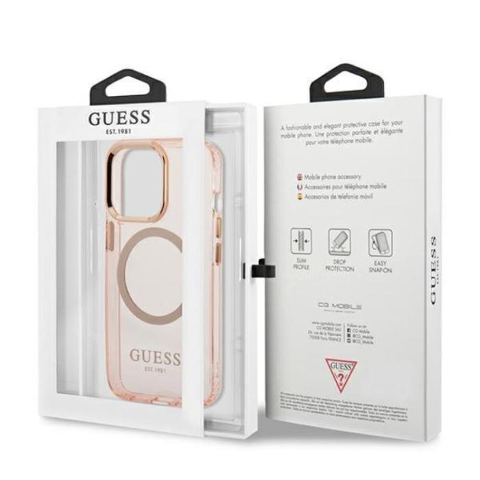 Guess - GUESS iPhone 13 Pro Max Skal MagSafe Gold Outline Translucent - Rosa