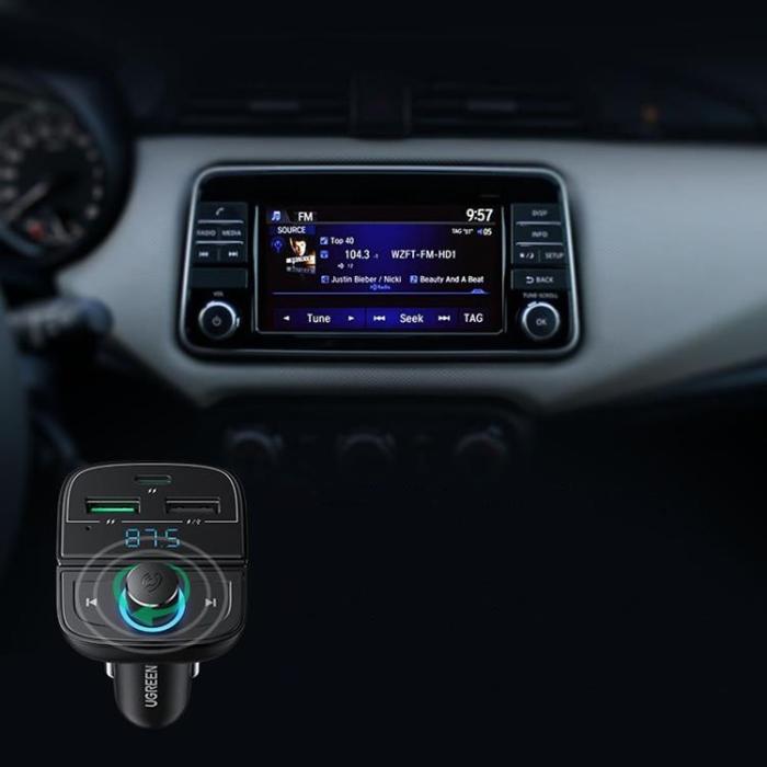Ugreen - Ugreen FM-Sändare Bluetooth 5.0 Billaddare MP3 3x USB TF micro SD 4,8 A svart